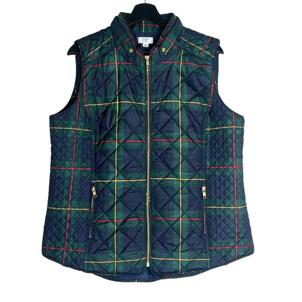 Crown & Ivy Womens XL Quilted Puffer Vest Green Navy Blue Plaid Tartan Full Zip